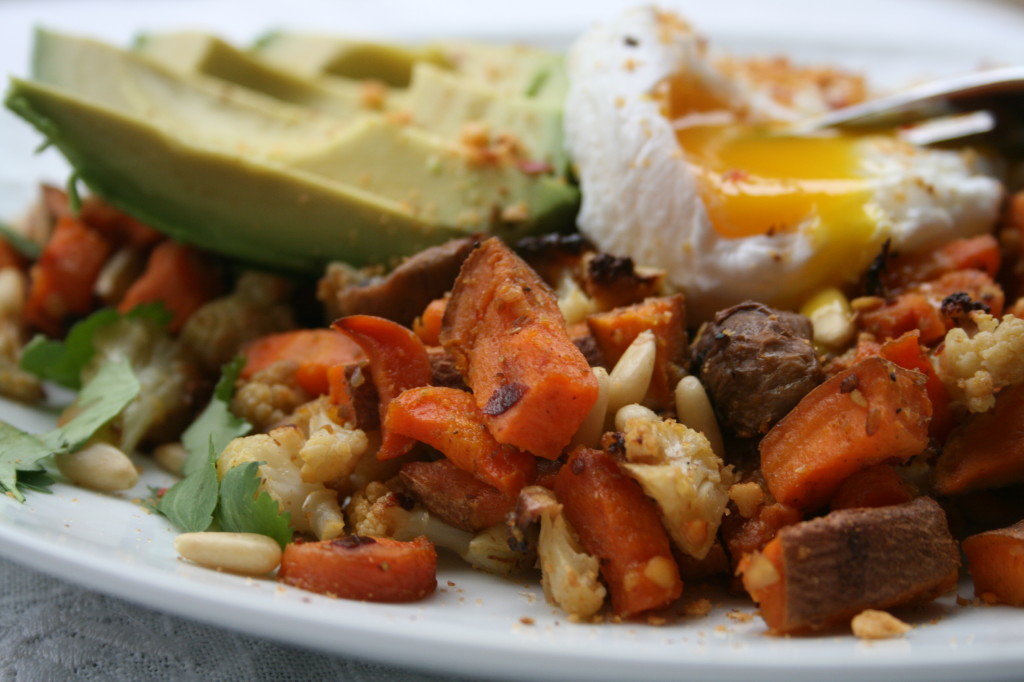 Poached Eggs Over Dukkah Vegetable Hash