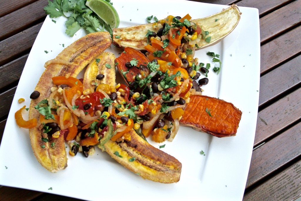 Black Bean Mango Fajita Plantain and Yam Boats