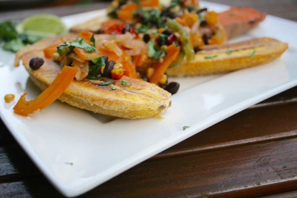 Black Bean Mango Fajita Plantain and Yam Boats