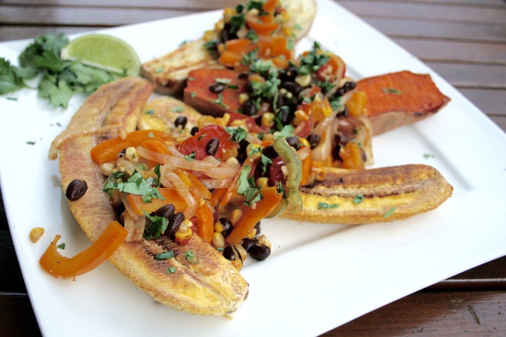 Black Bean Mango Fajita Plantain and Yam Boats