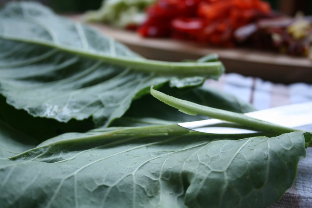 Prepping collard greens for wraps