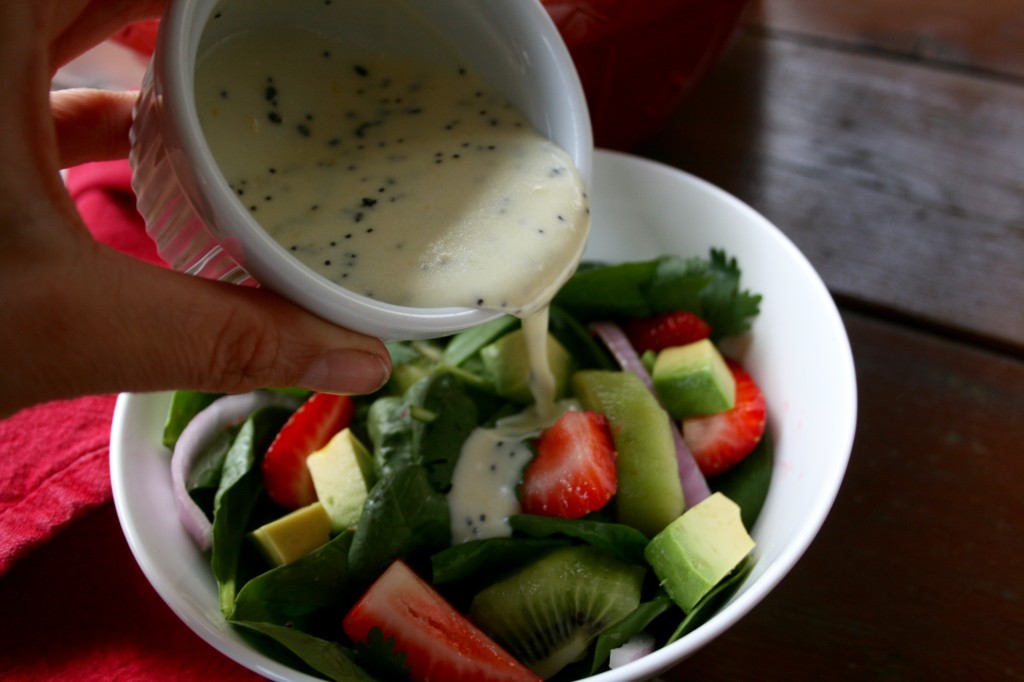 Strawberry Kiwi Avocado Salad with Lemon Poppy Seed Dressing