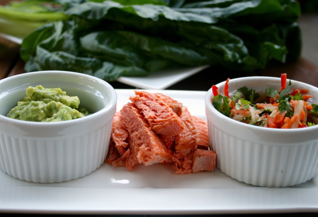 Swiss Chard Salmon Wraps with Kimchi Slaw