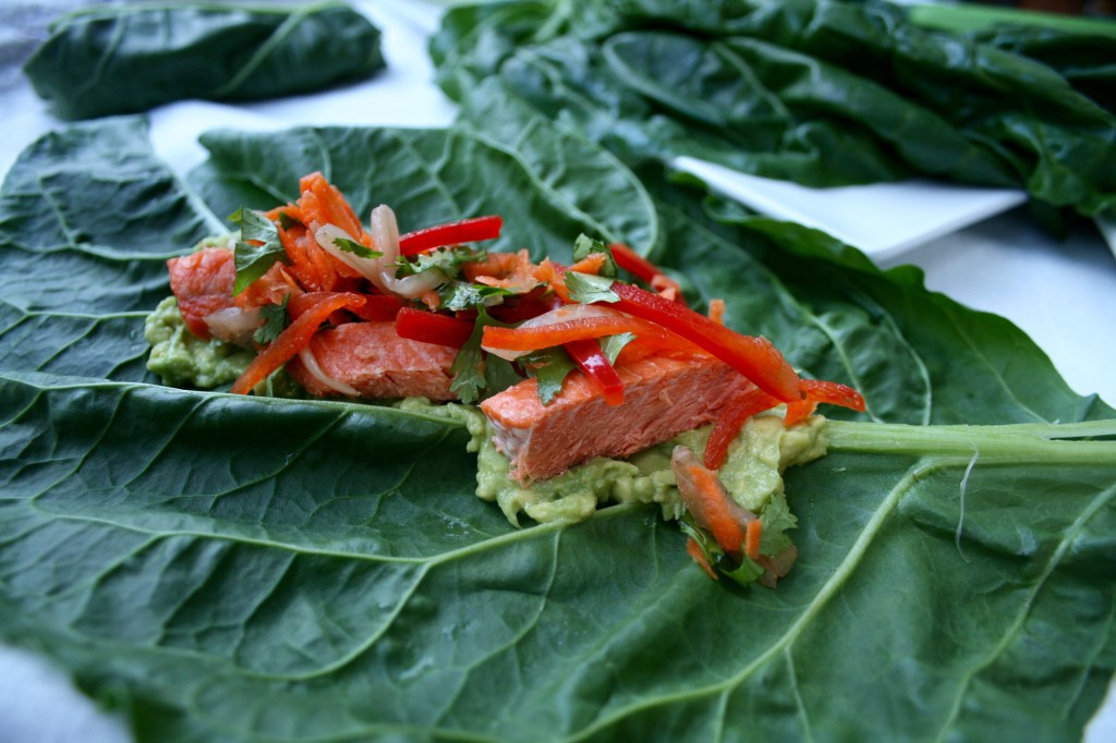 Swiss Chard Salmon Wraps with Kimchi Slaw
