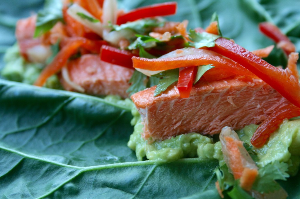 Swiss Chard Salmon Wraps with Kimchi Slaw