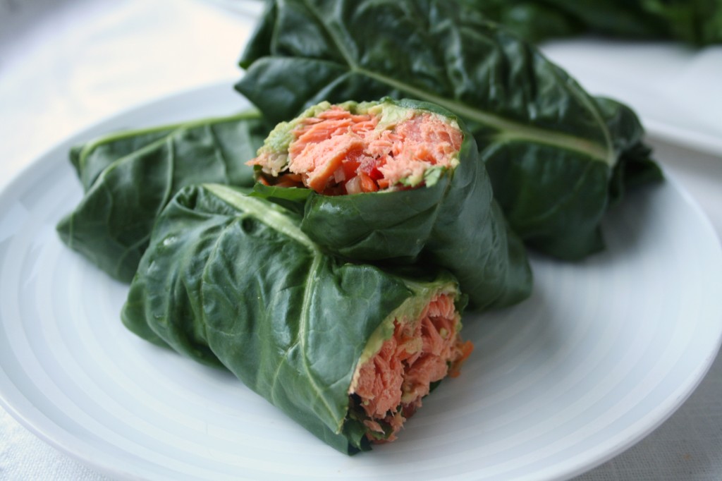 Swiss Chard Salmon Wraps with Kimchi Slaw