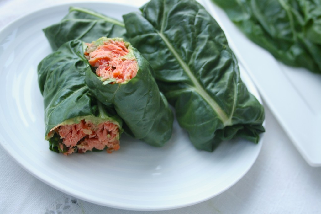 Swiss Chard Salmon Wraps with Kimchi Slaw