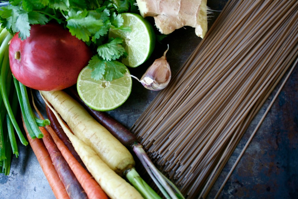 Rainbow Carrot and Mango Prawn Soba Noodle Bowl
