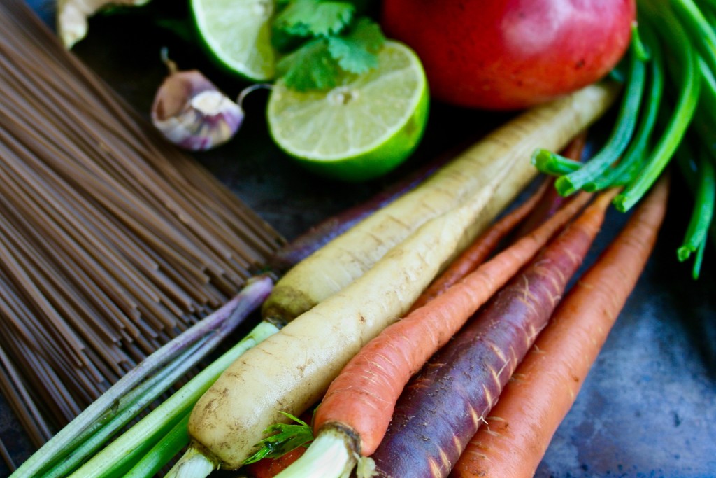 Rainbow Carrot and Mango Prawn Soba Noodle Bowl