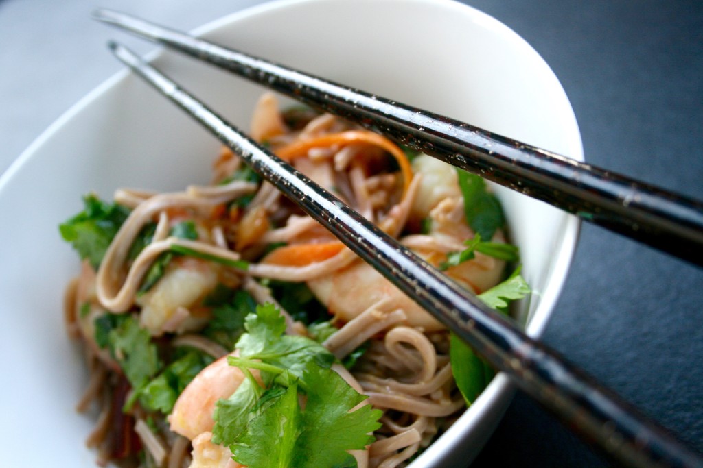 Rainbow Carrot and Mango Prawn Soba Noodle Bowl