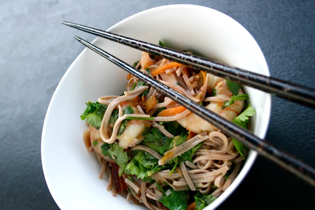 Rainbow Carrot and Mango Prawn Soba Noodle Bowl