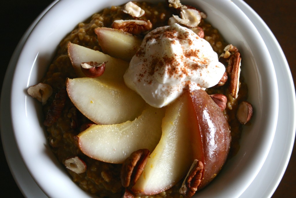 Vanilla Pumpkin Steel Cut Oats with Ginger Orange Poached Pears