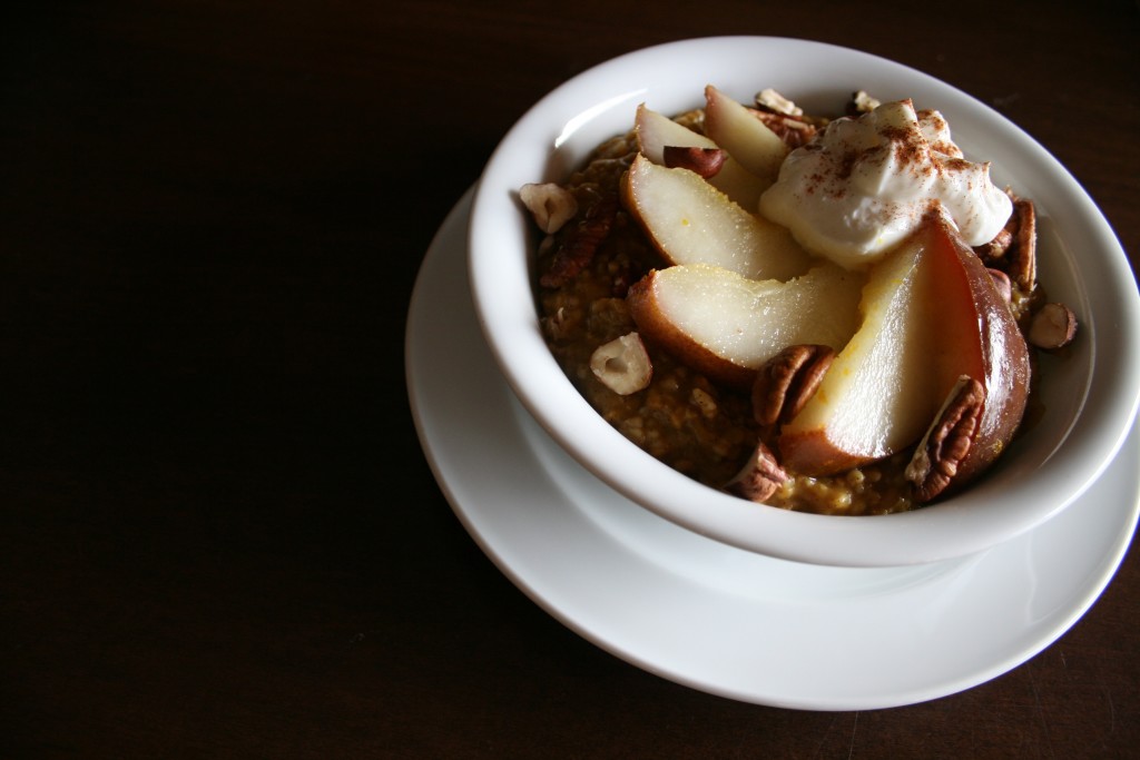 Vanilla Pumpkin Steel Cut Oats with Ginger Orange Poached Pears