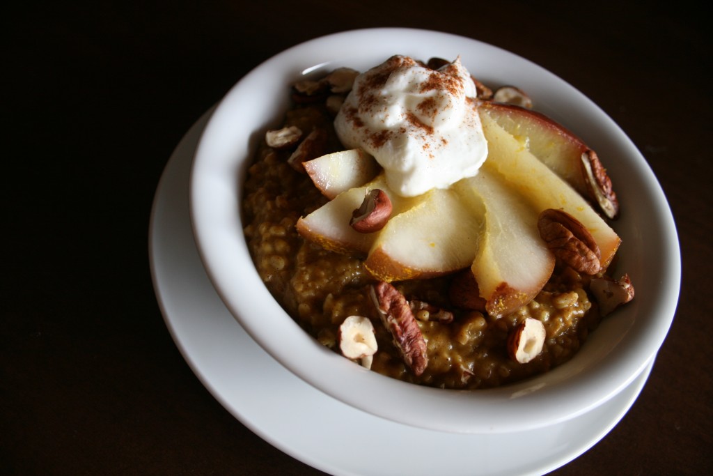 Vanilla Pumpkin Steel Cut Oats with Ginger Orange Poached Pears