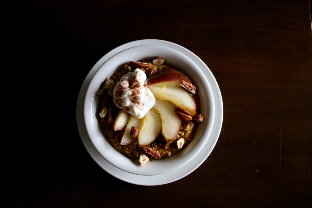 Vanilla Pumpkin Steel Cut Oats with Ginger Orange Poached Pears