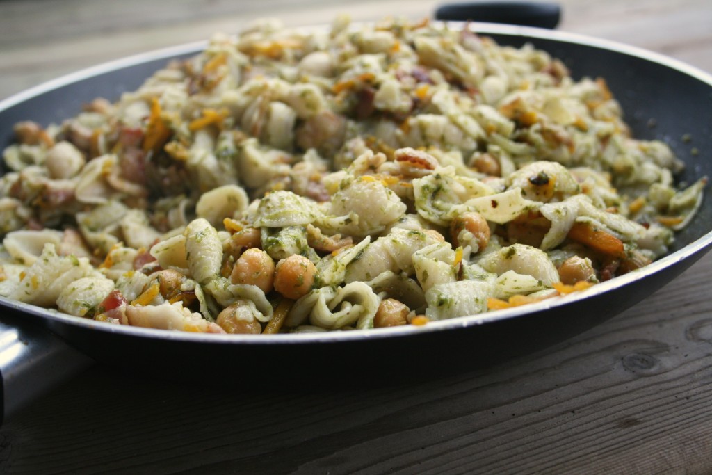 Bacon Butternut Chickpea Pesto Pasta