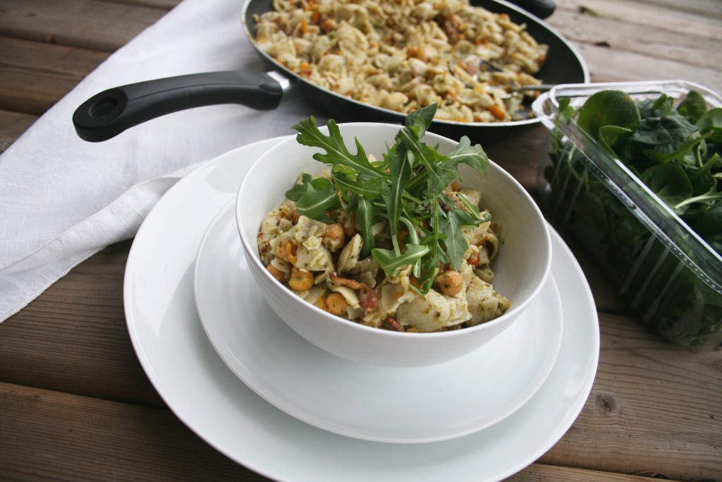 Bacon Butternut Chickpea Pesto Pasta