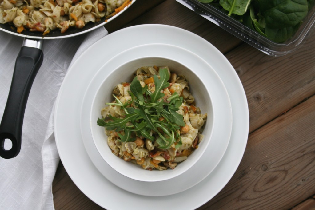 Bacon Butternut Chickpea Pesto Pasta