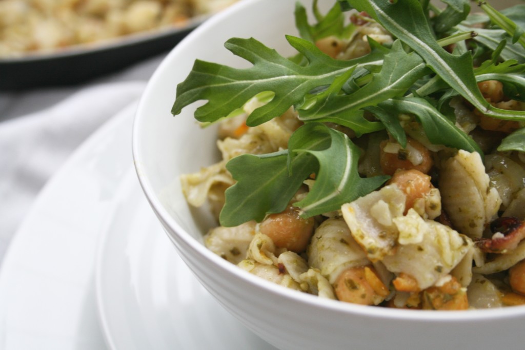 Bacon Butternut Chickpea Pesto Pasta