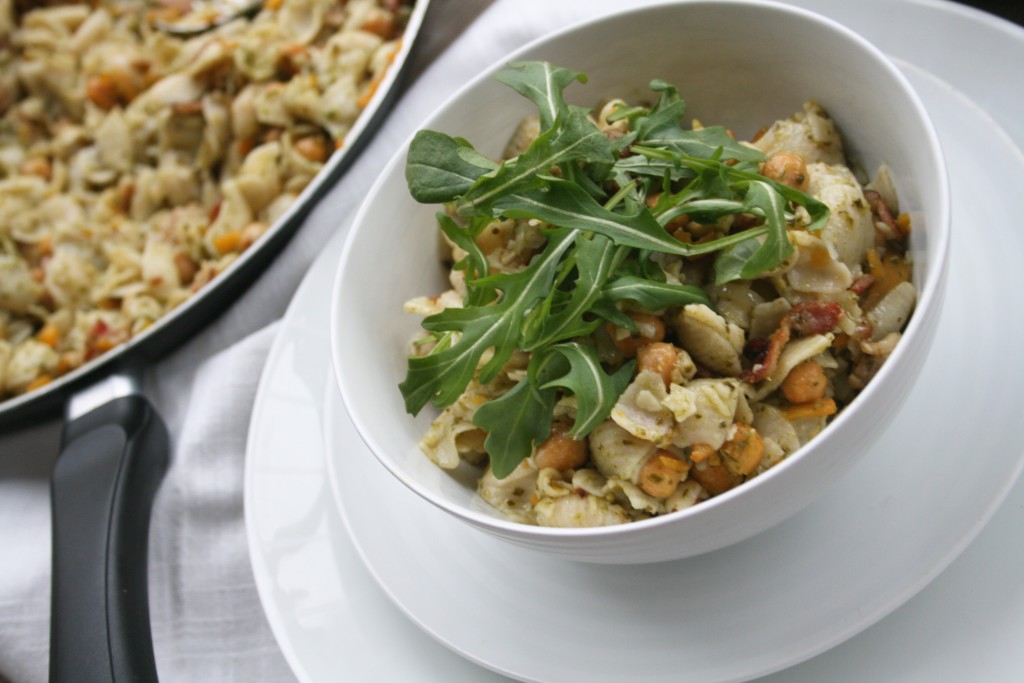 Bacon Butternut Chickpea Pesto Pasta