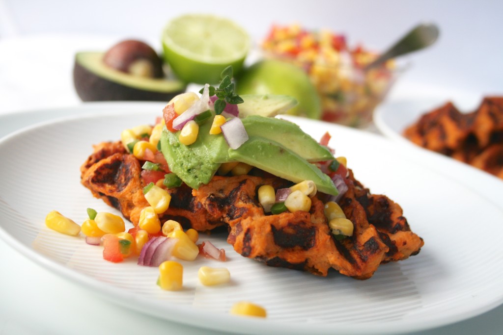 Bacon Yam Waffles with Corn Salsa