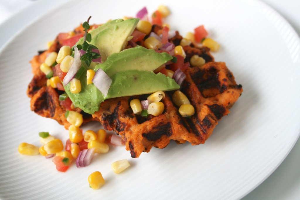 Bacon Yam Waffles with Corn Salsa