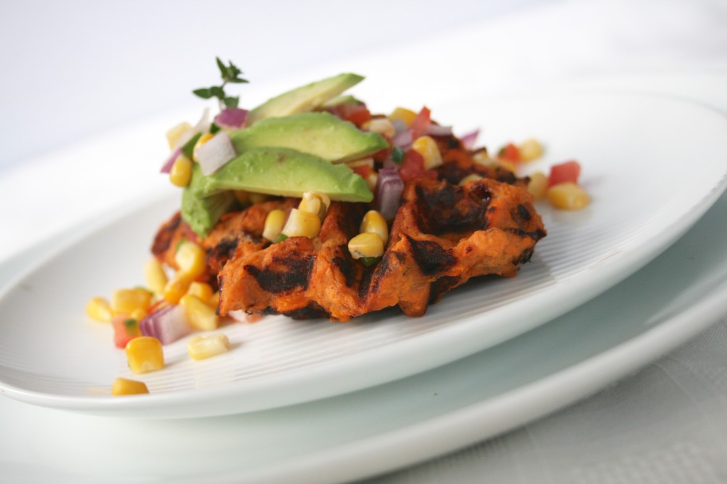 Bacon Yam Waffles with Corn Salsa