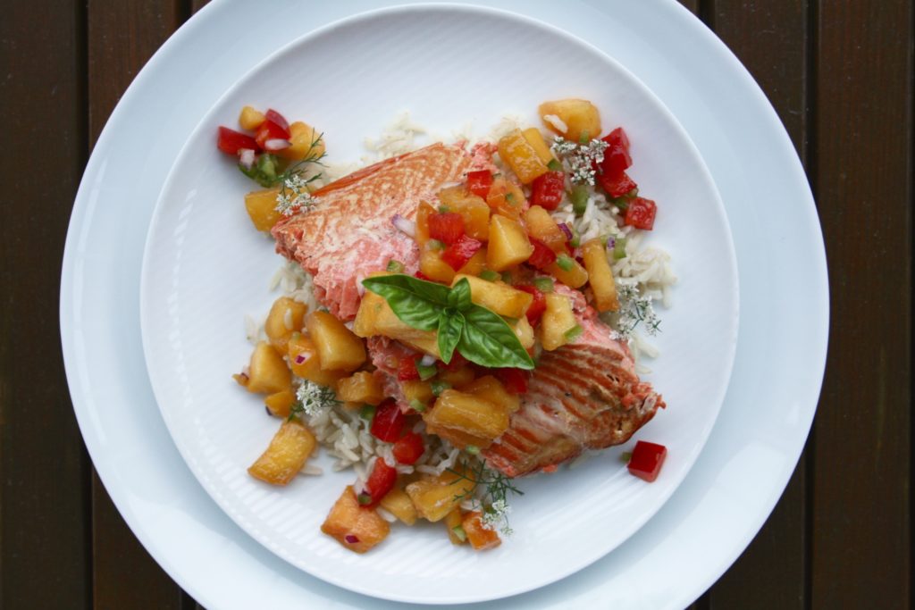 Cedar Planked Lime Salmon with Peach Salsa