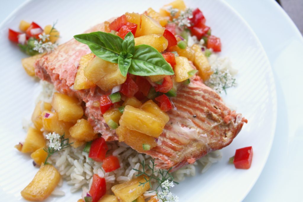Cedar Planked Lime Salmon with Peach Salsa
